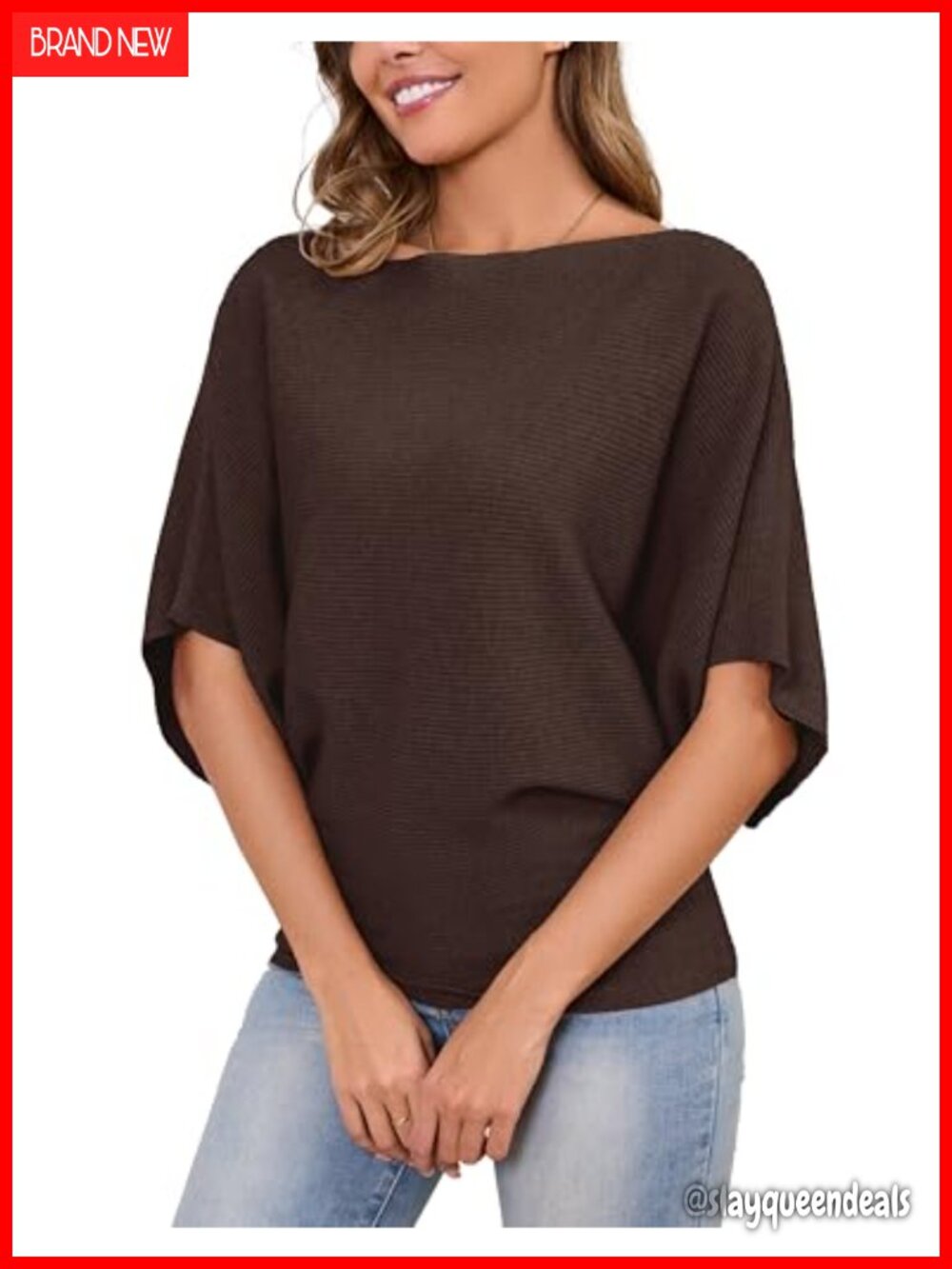 Women's Batwing Sleeve Knitted Dolman Pullover Sweater Boat Neck